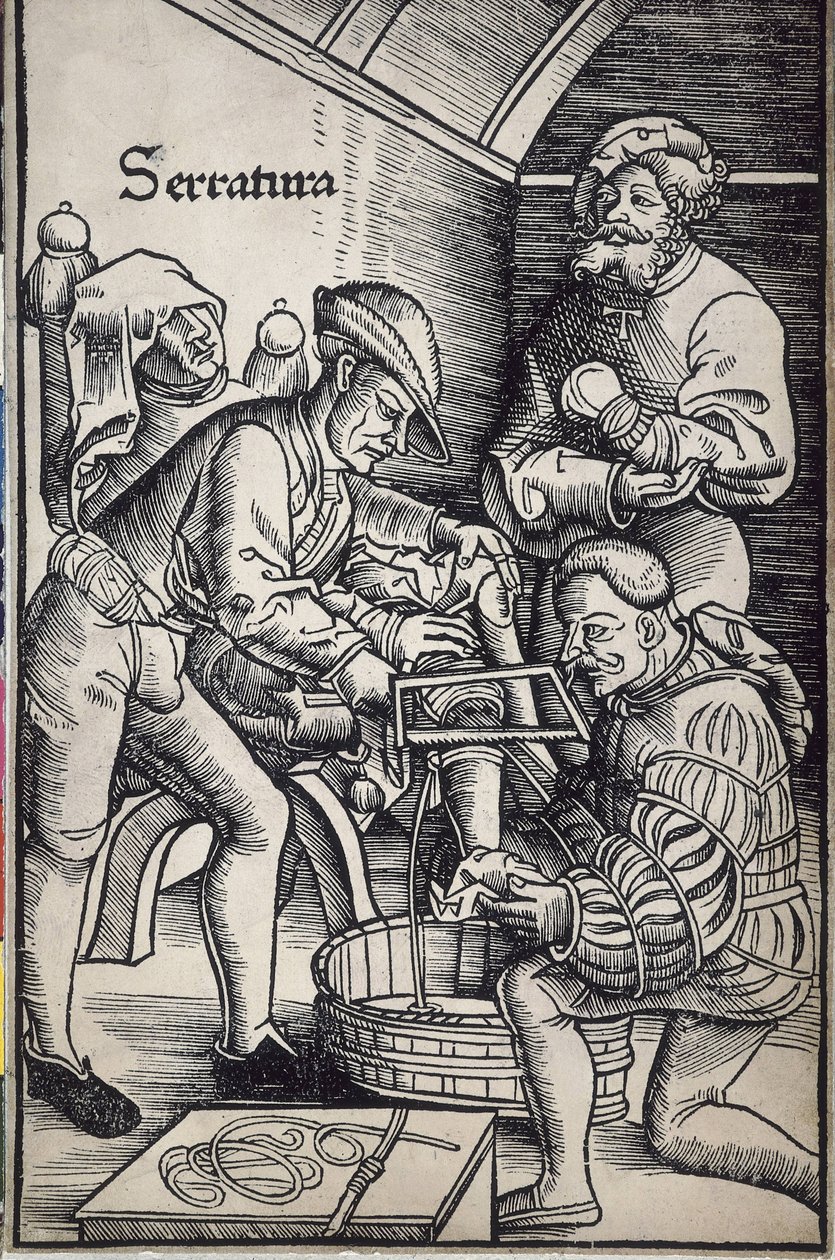 Gersdorff, Hans von (1455 - 1529). Niemiecki chirurg. Amputacja nogi. Drzeworyt wykonany przez Hansa Wechtlina do książki "Feldtbuch der Wundartzney" (Księga polowa chirurgii). autorstwa Artist Unknown