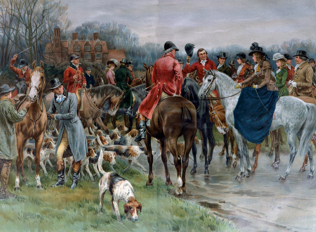 Polowanie w Anglii. Mężczyzna w stroju myśliwskim i kobiety jadące na koniach amazonkach zbierają się przed polowaniem (rycina) autorstwa Artist Unknown