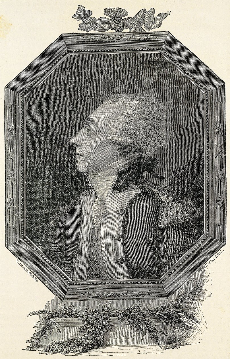 Lafayette, Marie Joseph Gilbert Motie Motier, markiz (1757-1834). Francuski arystokrata i wojskowy o liberalnej ideologii. Akwaforta autorstwa Artist Unknown