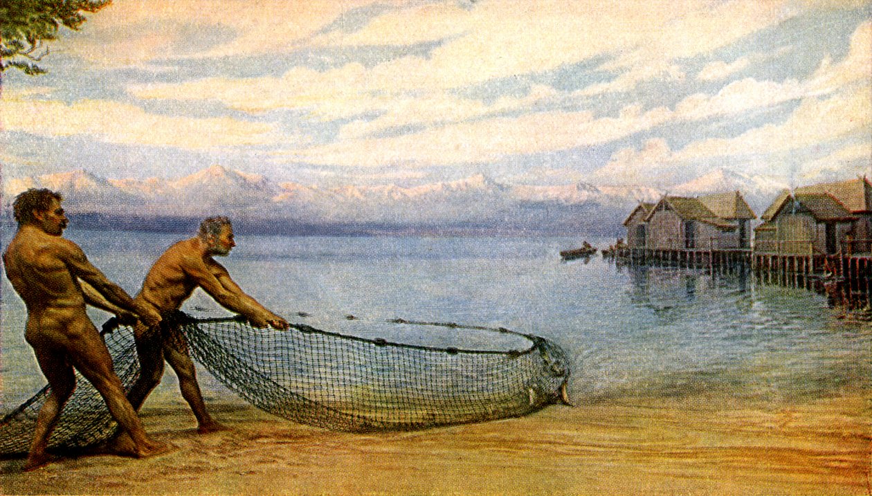 Mieszkańcy jezior łowiący ryby, prehistoryczny człowiek (druk) autorstwa Artist Unknown