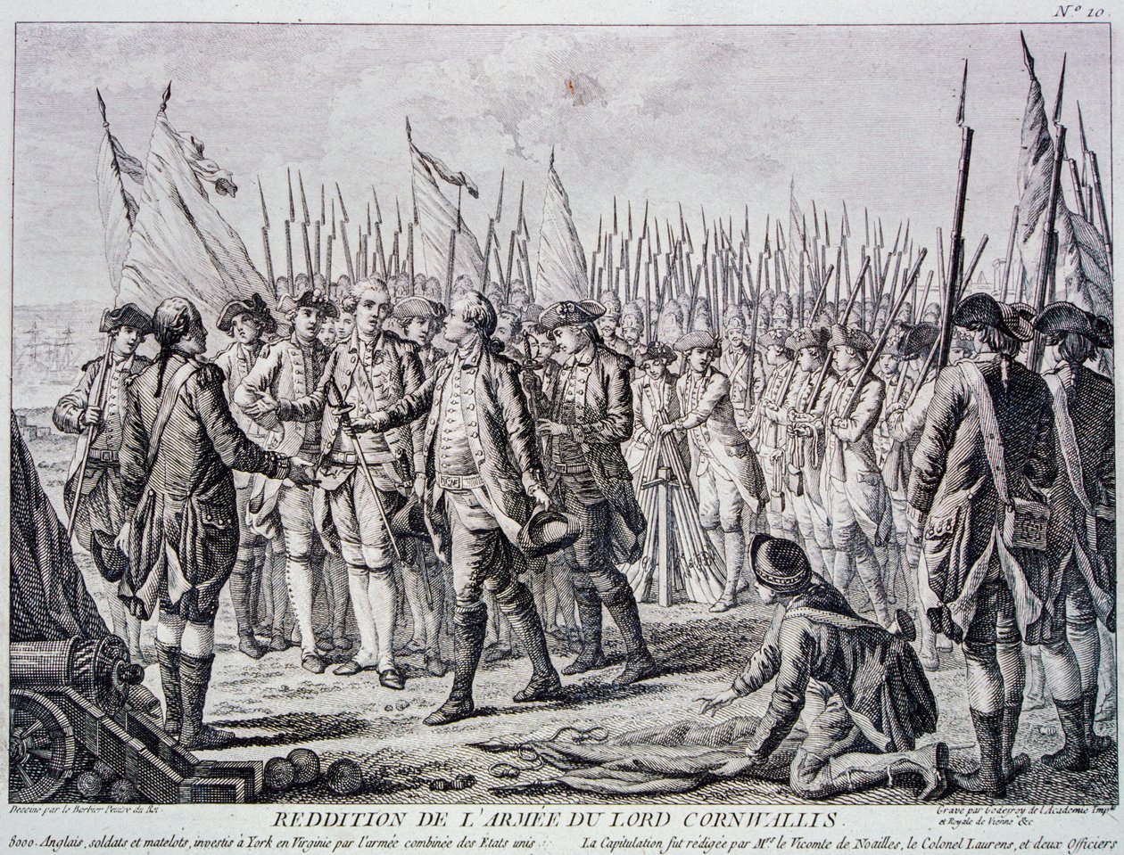Lord Corwallis poddaje brytyjską armię pod Yorktown (rycina) autorstwa Artist Unknown