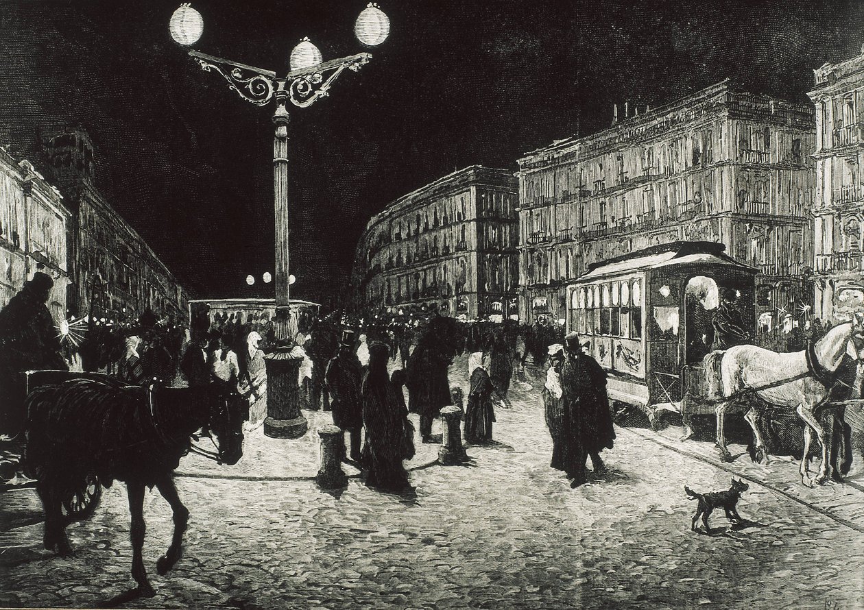 Madryt (1878). Puerta del Sol oświetlona światłem elektrycznym. Obraz na podstawie rysunku Pellicera dla "La Ilsutracion Espanola y Americana". Akwaforta. autorstwa Artist Unknown