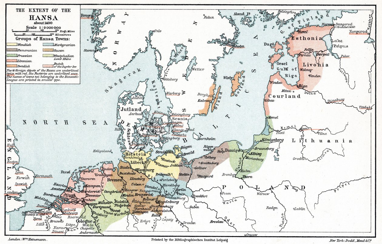 Mapa zasięgu Ligi Hanzeatyckiej w około 1400 r. (druk) autorstwa Artist Unknown