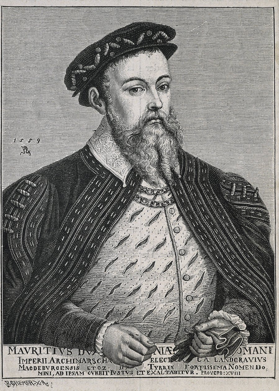 Maurycy Saski (1521-1553). Książę (1541-47) i późniejszy elektor (1547-53) Saksonii. Protestant od 1539 roku. Portret na podstawie obrazu Lucasa Cranacha. Rycina autorstwa Artist Unknown