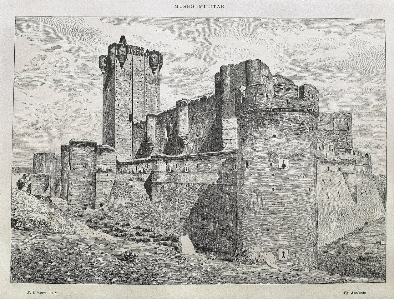 Medina del Campo. Zamek Mota. Rycina. HISZPANIA. ARAGON. Saragossa. Generalna Akademia Wojskowa autorstwa Artist Unknown