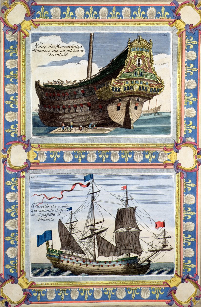 Statki handlowe należące do Holenderskiej Kompanii Indii Wschodnich (kolorowa rycina) autorstwa Artist Unknown