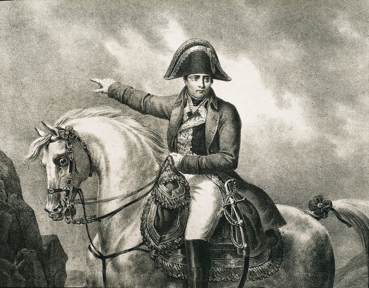 NAPOLEON I Bonaparte (1769-1821). Francuski wojskowy i polityk, cesarz Francji (1804-1815). Szczegół konnego portretu Napoleona, inspirowany oryginalnym portretem Josepha Chaborda. Rycina autorstwa Artist Unknown