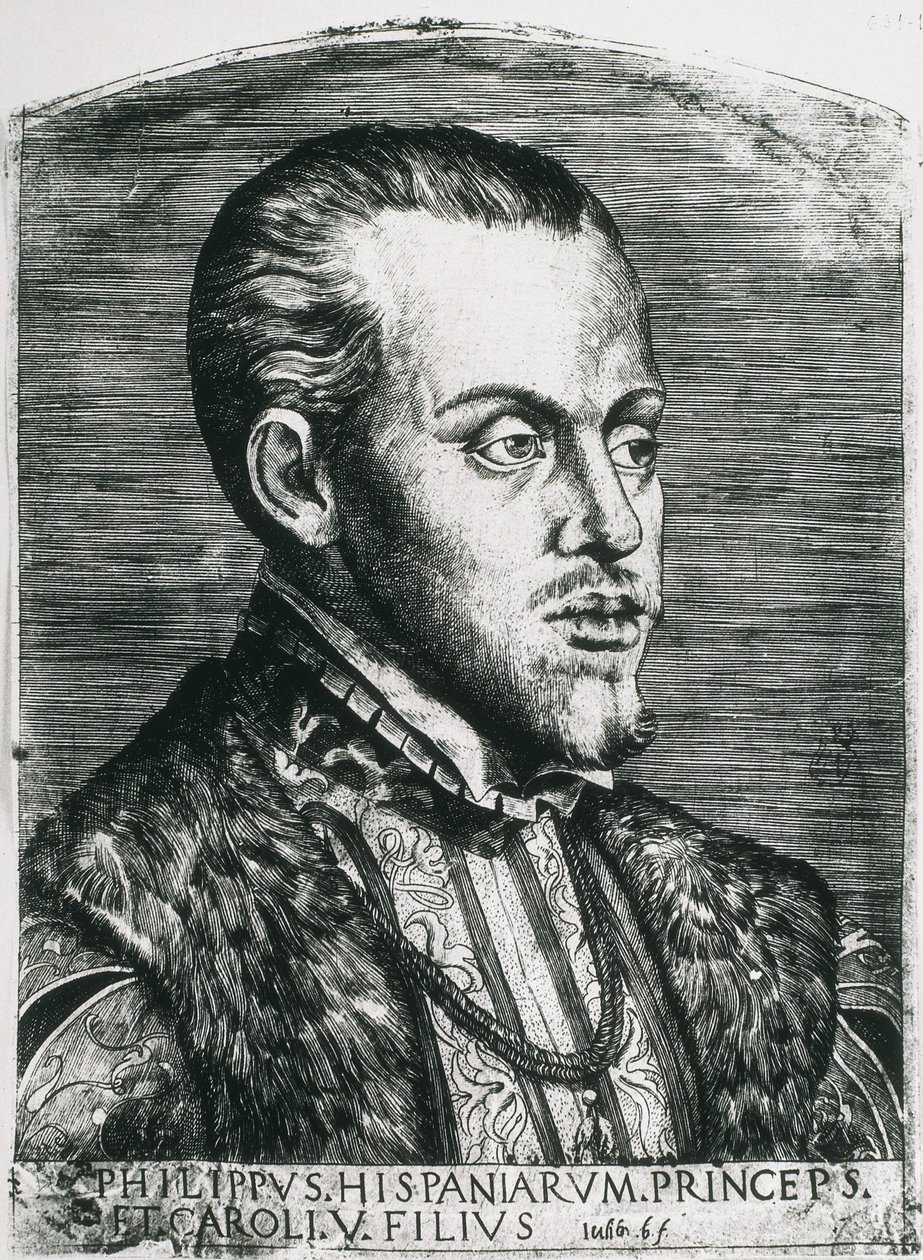 Filip II Hiszpański (1527-1598). Król Hiszpanii (1556-1598) i Portugalii (1580-1598). Portret Filipa jeszcze jako księcia. Ksylografia. autorstwa Artist Unknown