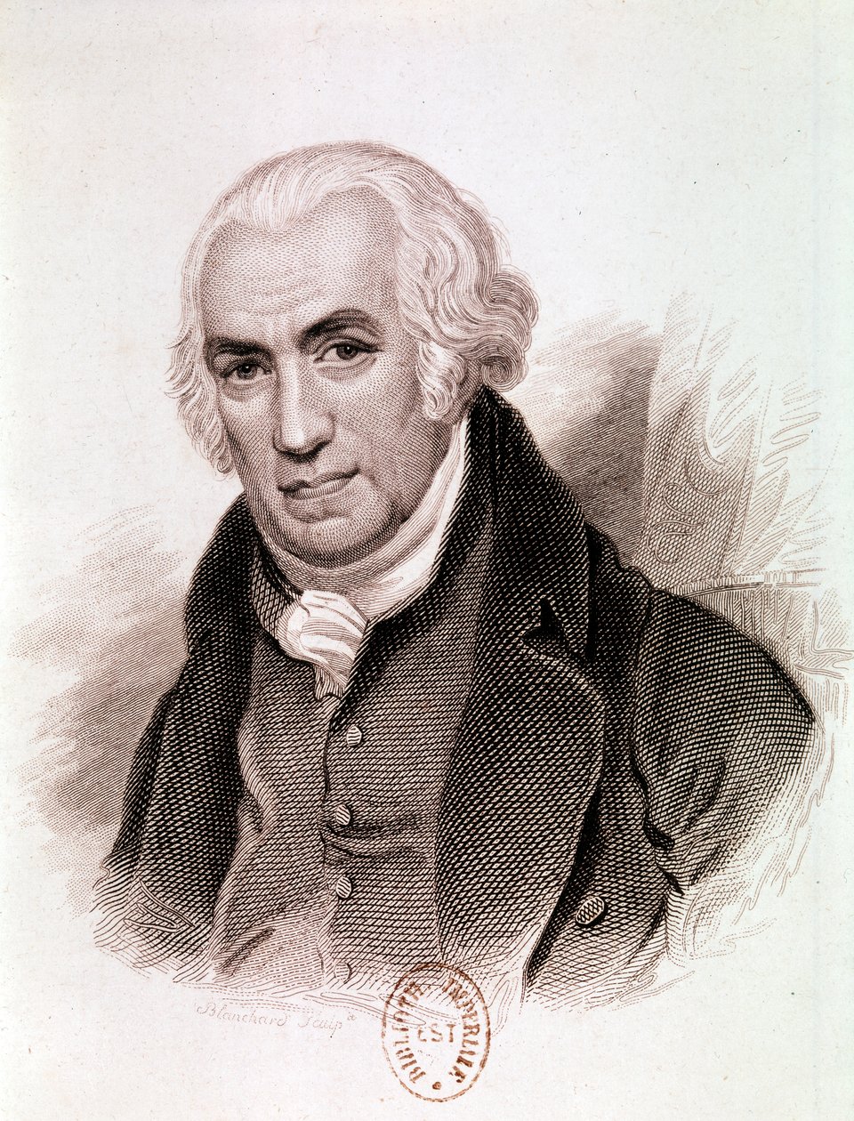 Portret Jamesa Watta, szkockiego wynalazcy, inżyniera mechanika i chemika (akwaforta) autorstwa Artist Unknown
