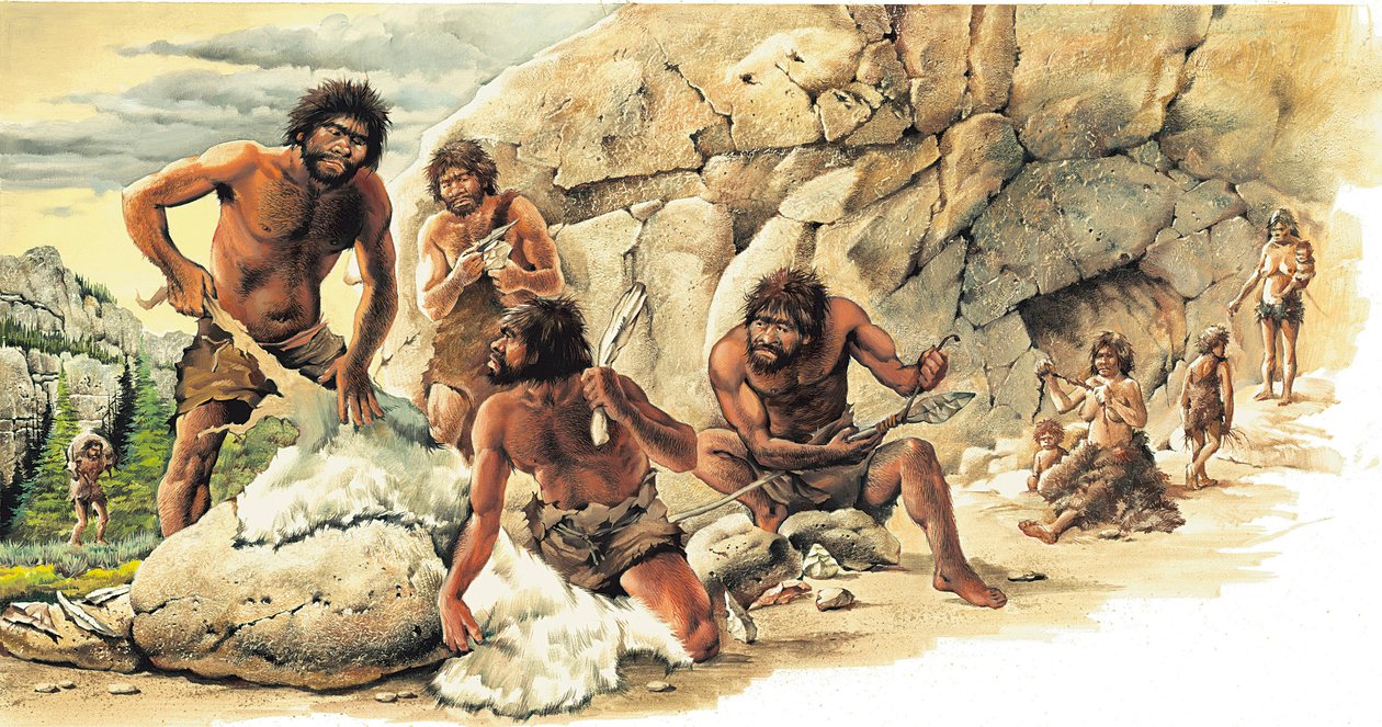 Prehistoria Okres paleolitu: Myśliwi wykorzystujący skórę zabitych zwierząt oraz wytwarzający narzędzia i broń (włócznia). autorstwa Artist Unknown