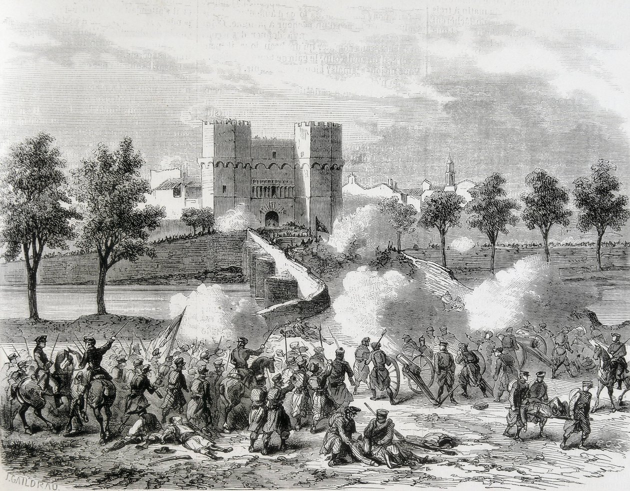 Hiszpania (1868). Chwalebna rewolucja. Atak wojsk rządowych na Bramę Serrans w Walencji. Rycina z "The Illustration. Jorinal Universal". Akwaforta autorstwa Artist Unknown