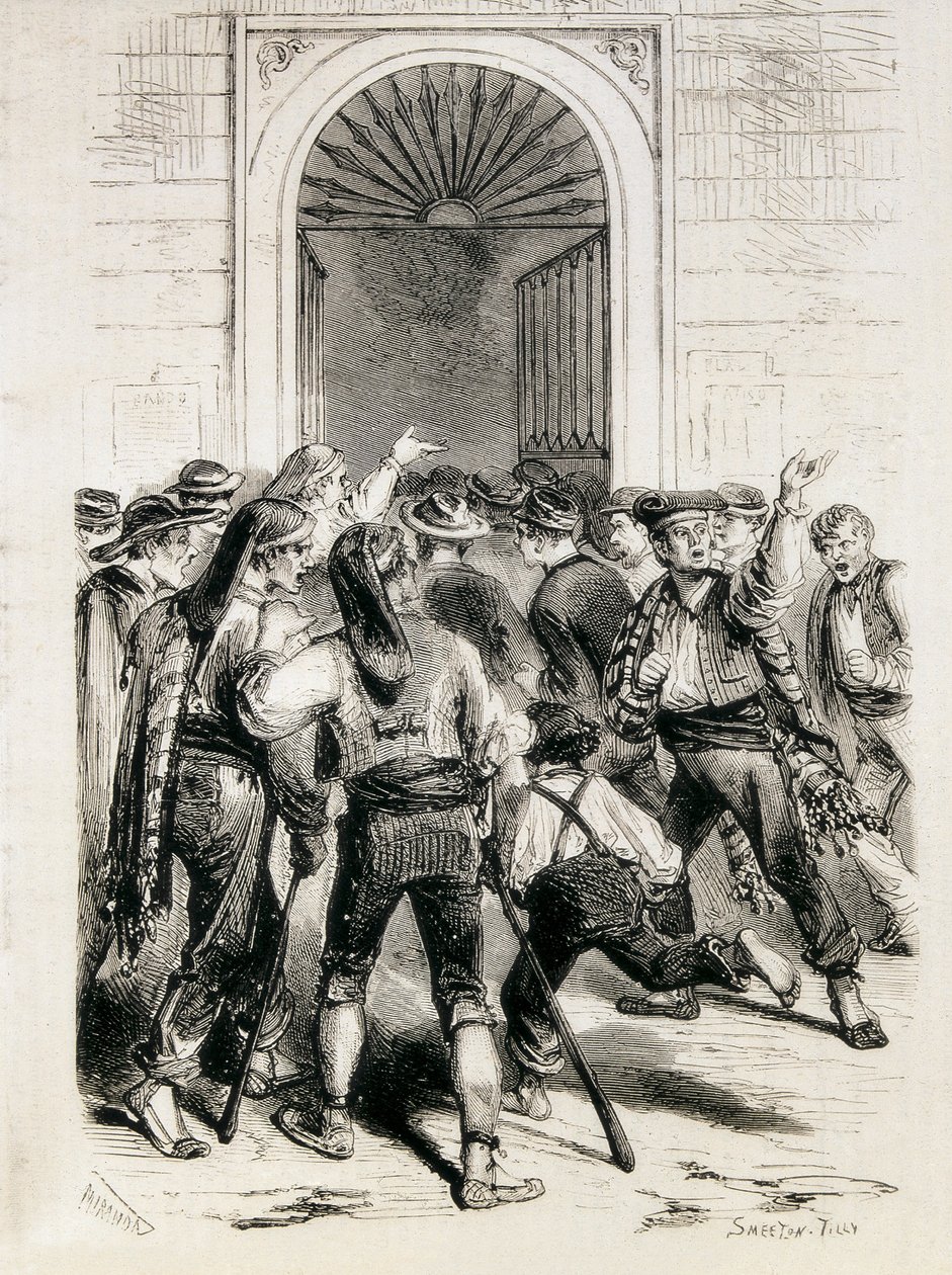 Hiszpania (1873). Proklamacja Pierwszej Republiki i szturm na ratusz w Barcelonie (11 lutego 1873). Akwaforta. autorstwa Artist Unknown