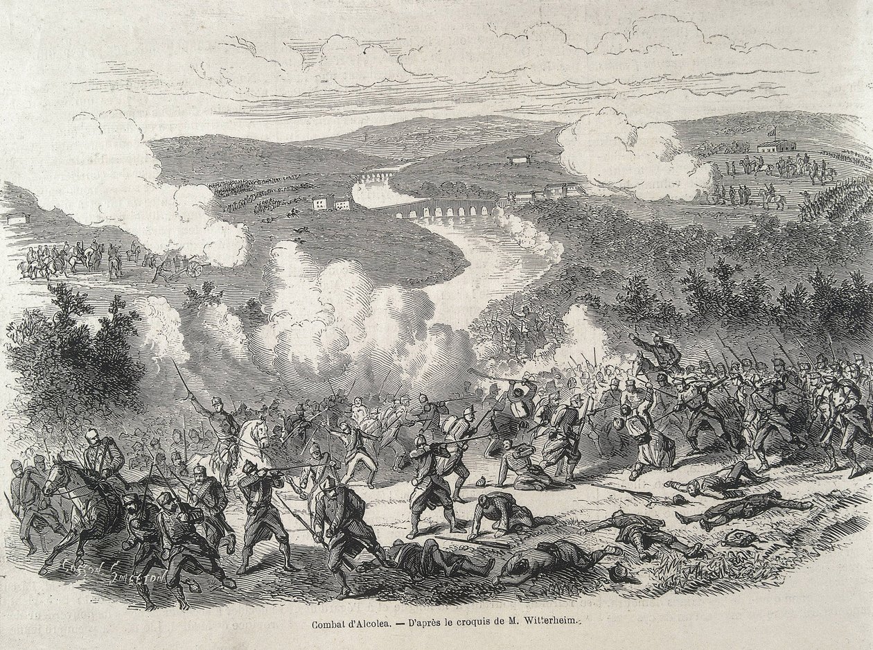 Hiszpania. Rewolucja 1868 roku. Bitwa pod Alcolea (20 września), która zakończyła się detronizacją Izabeli II. Rycina autorstwa Artist Unknown