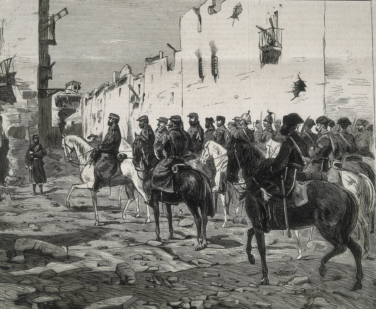 Hiszpania. Pierwsza Republika (1873-1874). Kanton Cartagena. Generał Jose Lopez Dominguez w Cartagenie po kapitulacji kantonistów. Obraz opublikowany w "La Ilustracion Espanola y Americana". Akwaforta. autorstwa Artist Unknown