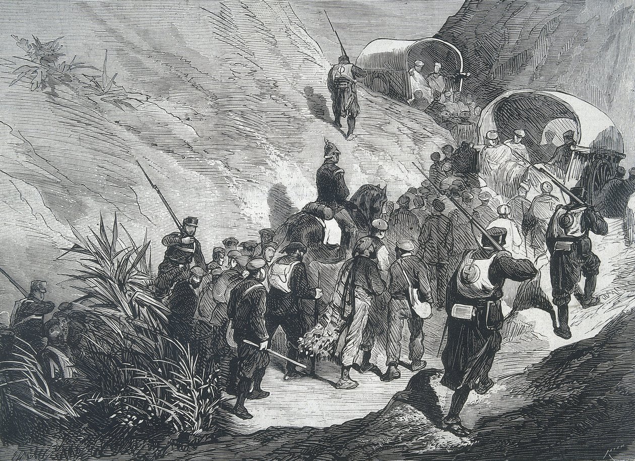 Hiszpania. Trzecia wojna karlistów. Więźniowie karlistów idący przez góry w Emporda (Katalonia). Rycina. autorstwa Artist Unknown