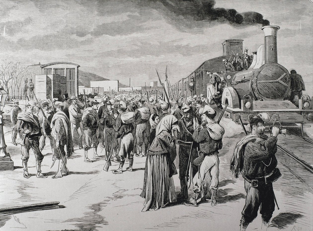 Hiszpania. Trzecia wojna karlistów. Wyjazd batalionu wolnego korpusu przeciwko karlistom z Barcelony. Zdjęcie z "La Ilustracion espanola y americana" (8 kwietnia 1873). Rycina autorstwa Artist Unknown