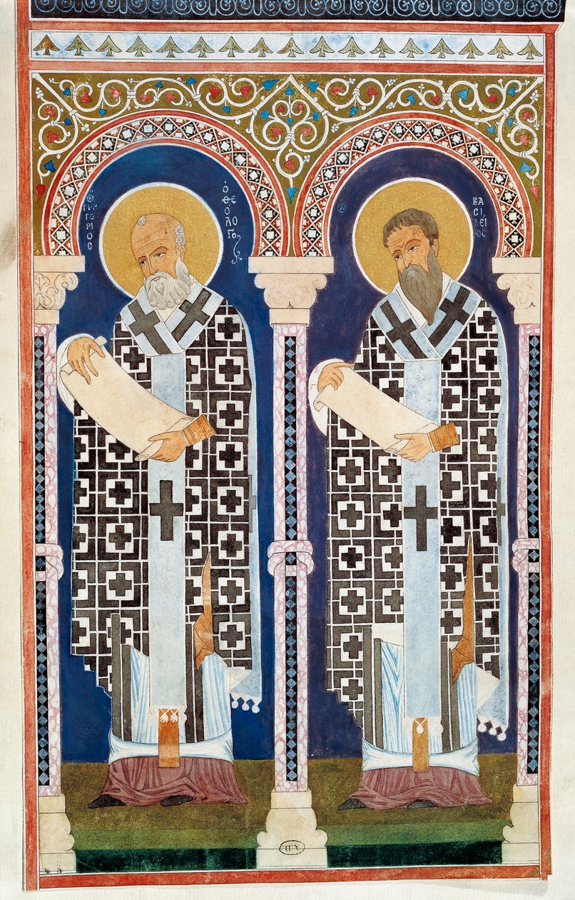 Święty Grzegorz z Nyssy i święty Bazyli Wielki, ojcowie Greckiego Kościoła Prawosławnego, rycina, IV wiek autorstwa Artist Unknown