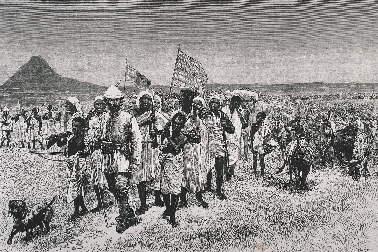 Stanley, Sir Henry Morton (1841-1904). "Through the Ounyoro", ilustracja do francuskiego wydania dzieła "Through the Dark Continent". Akwaforta. FRANCJA. ILE-DE-FRANCE. Paryż. Biblioteka Sztuki Dekoracyjnej autorstwa Artist Unknown