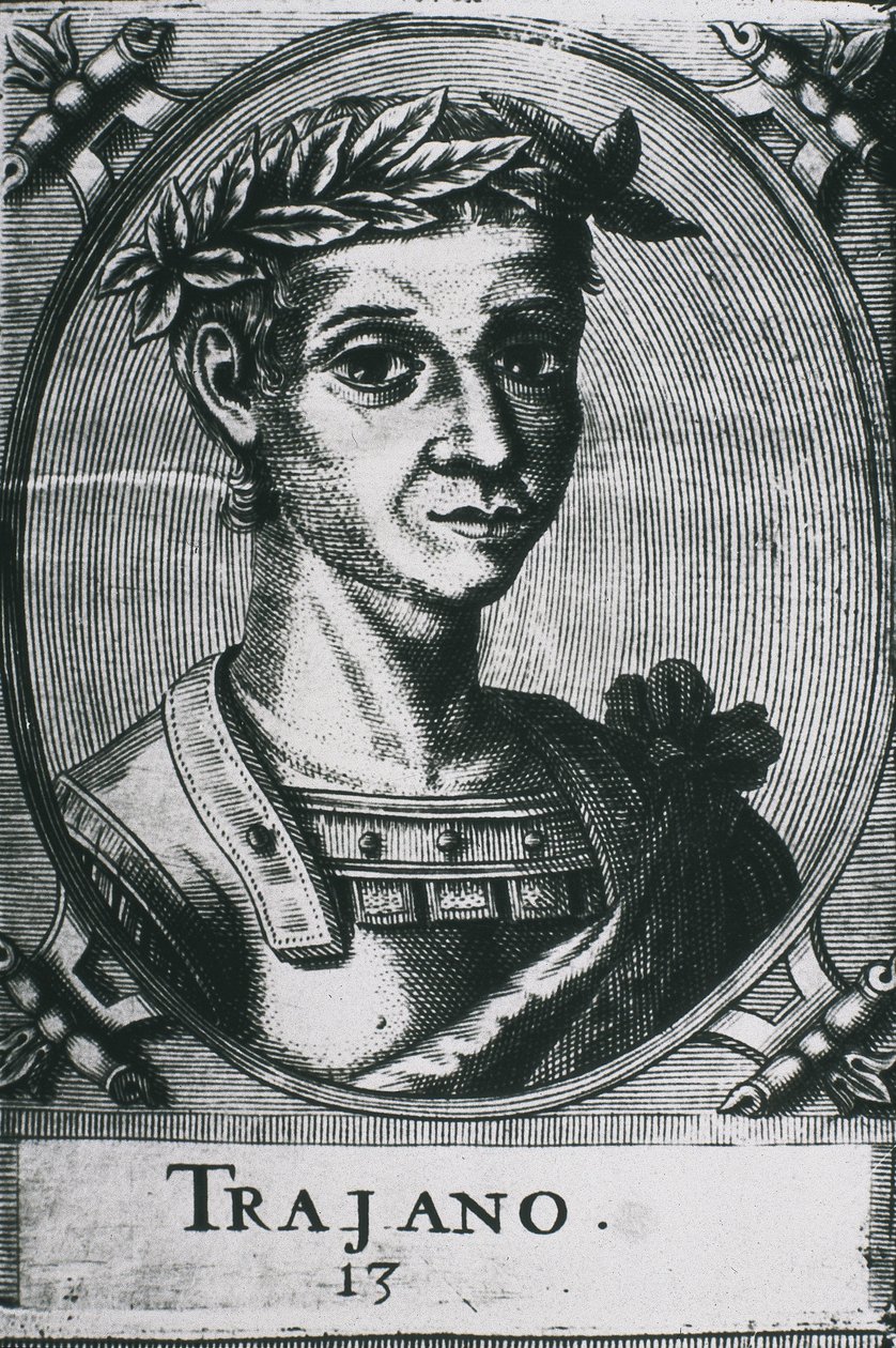 TRAJAN, Marek Ulpiusz Trajan (53-117). Portret Trajana z laurem. Szczegół oryginalnej ryciny. Rycina. autorstwa Artist Unknown