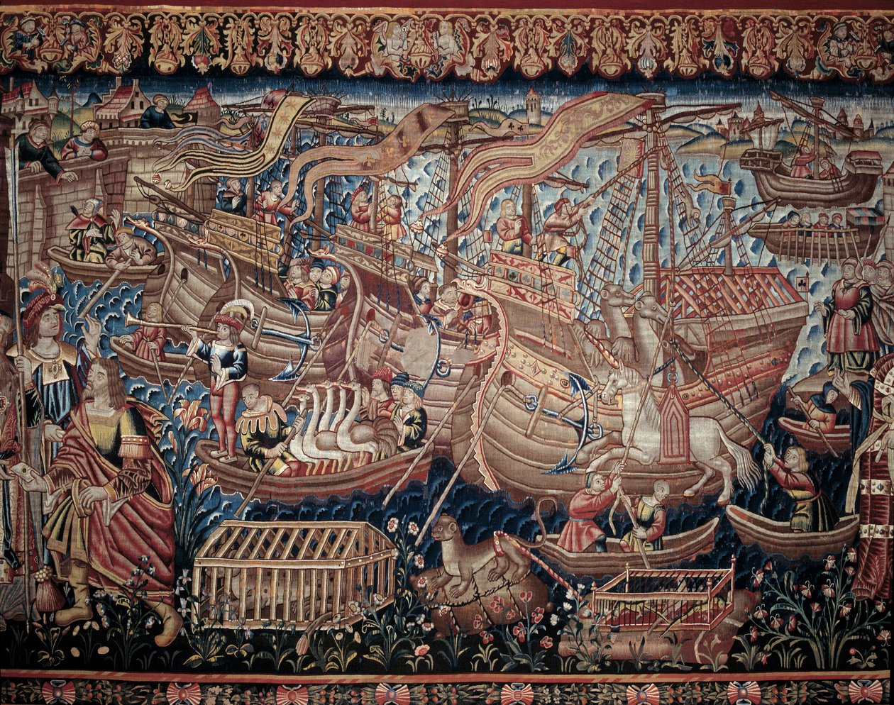Portugalski nawigator Vasco de Gama (1459-1524) przybył do Calicut w Indiach w 1498 r., detal, gobelin autorstwa Artist Unknown