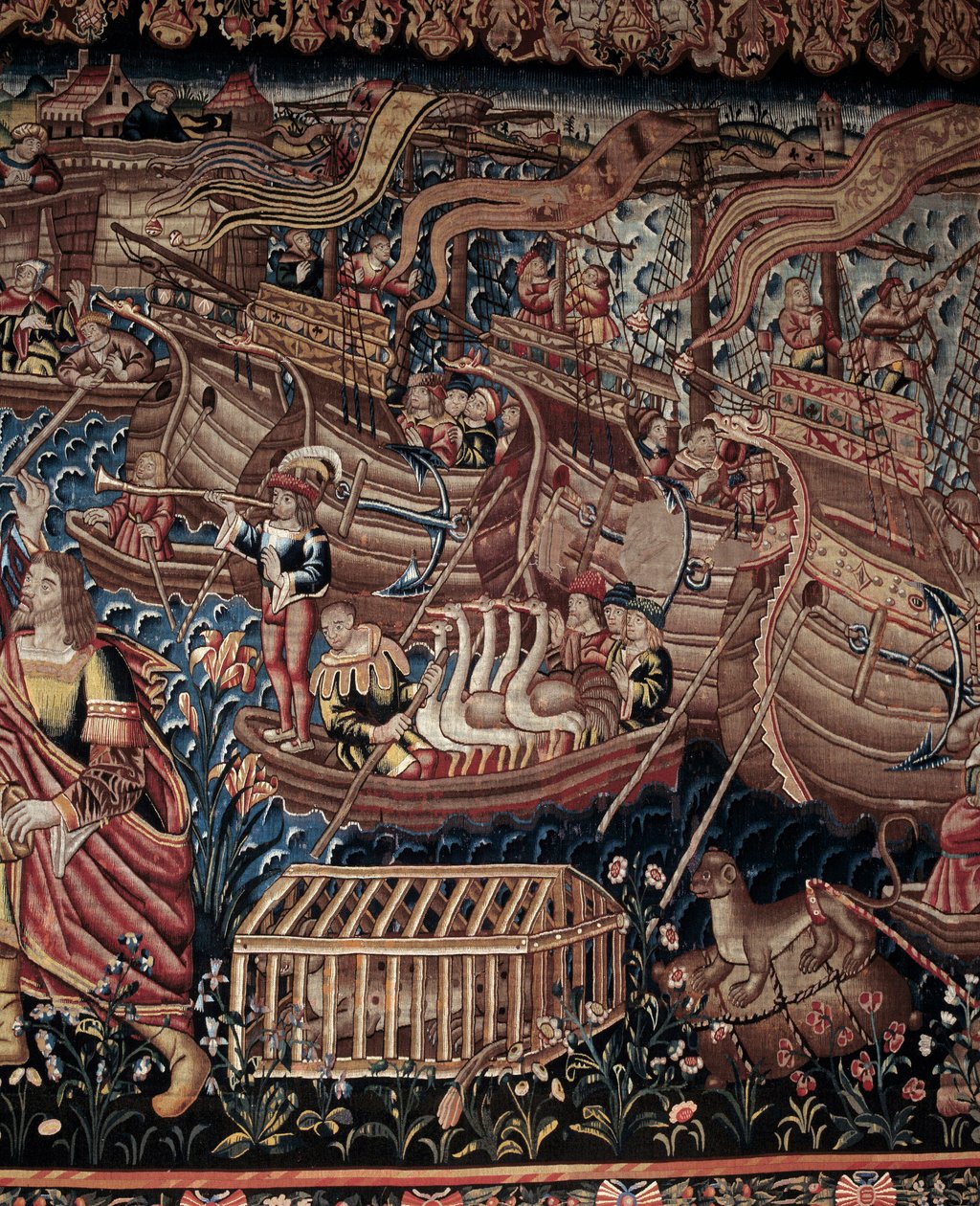 Portugalski nawigator Vasco de Gama (1459-1524) przybył do Calicut w Indiach w 1498 r., detal, gobelin autorstwa Artist Unknown