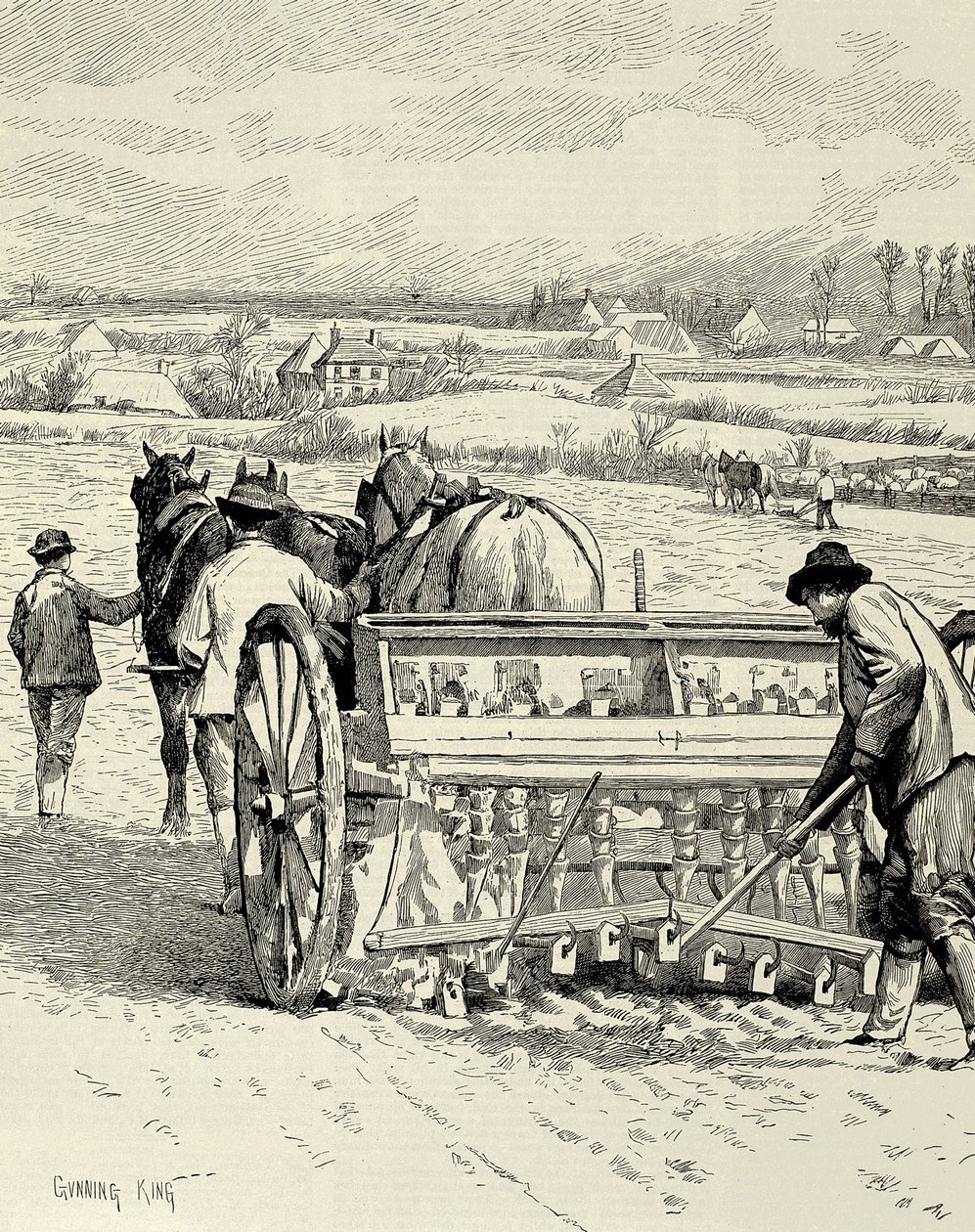 ZJEDNOCZONE KRÓLESTWO. ANGLIA. Rewolucja przemysłowa. Maszyna wiertnicza wynaleziona przez Jethro Tulla. Siew jęczmienia w lutym. Rysunek Gunninga Kinga opublikowany w "The Illustrated London News". Rycina. autorstwa Artist Unknown