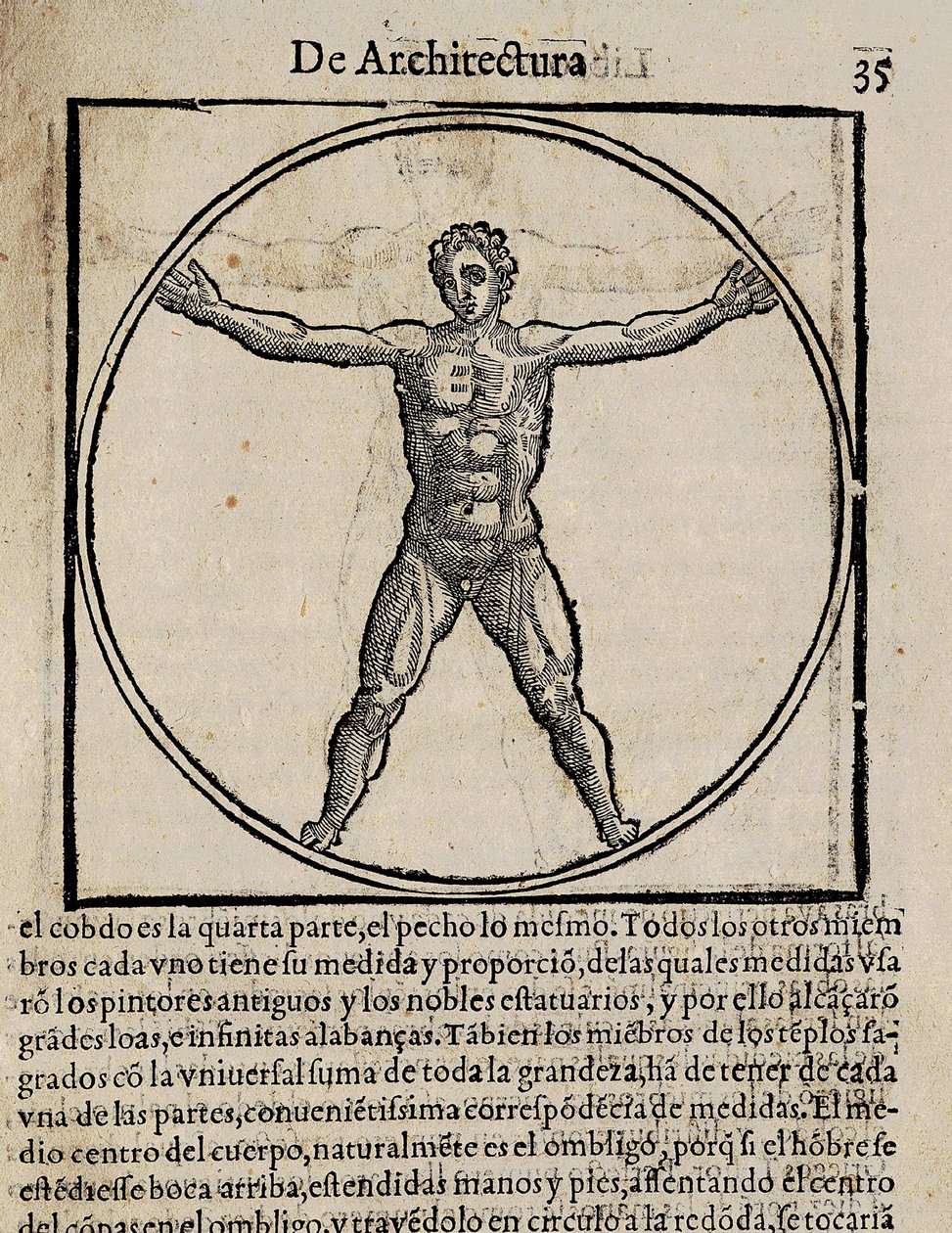 VITRUVIUS, Marcus Vitrubius Pollio (1 wiek p.n.e.). "De Architectura" (O architekturze), z tłumaczeniem na hiszpański autorstwa Miguela de Urrea. Wydane w Alcala de Henares przez Juana Graciana (1582). Ilustracja na stronie 35 z kanonem ludzkiego ciała. Ks autorstwa Artist Unknown