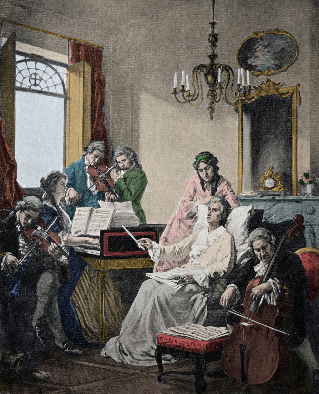 Umierający Wolfgang Amadeusz Mozart (1756-1791) dyryguje zespołem muzyków do Requiem, które właśnie ukończył (Mozart (1756-1791) w swoich ostatnich dniach dyryguje zespołem muzyków do Requiem) autorstwa Artist Unknown