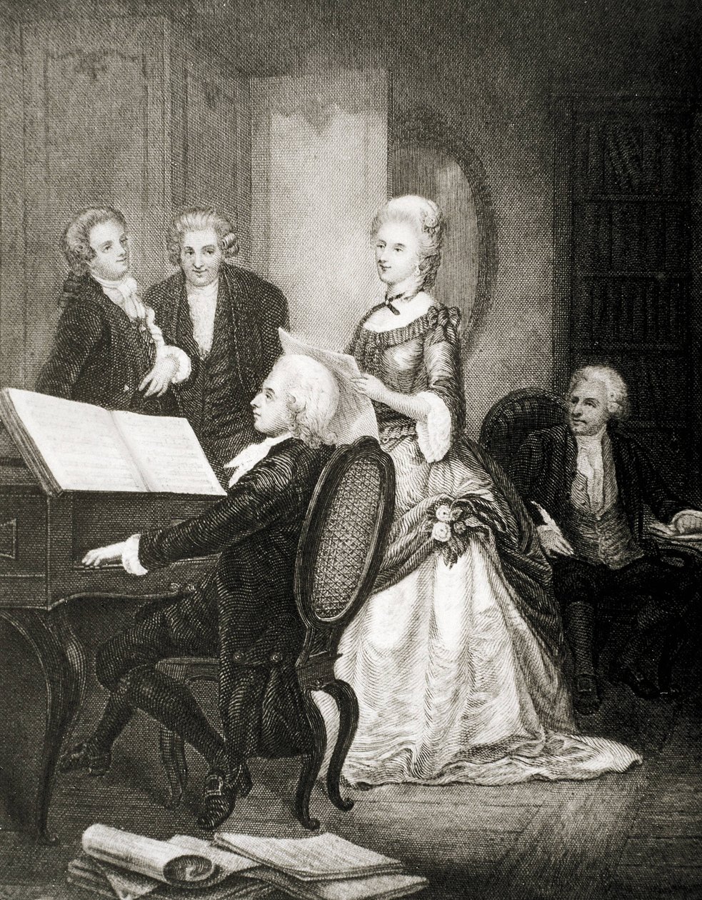 Wolfgang Amadeusz Mozart akompaniujący na fortepianie sopranistce Caterinie Cavalieri. autorstwa Artist Unknown
