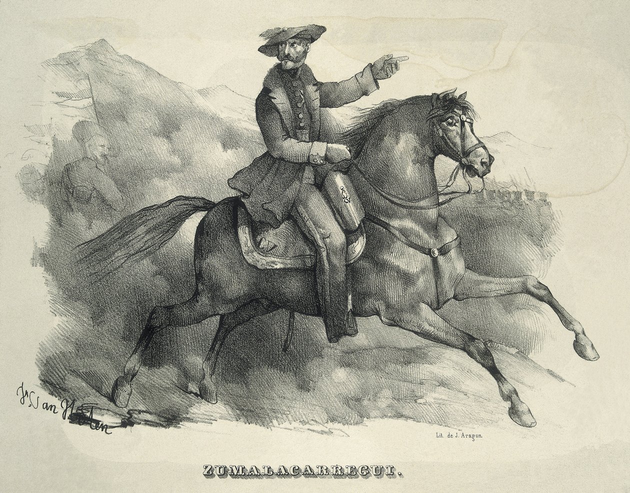 ZUMALACARREGUI, Tomas (1788-1835). Generał karlistów. Hiszpania. Pierwsza wojna karlistów. Zumalacarregui na koniu. Rycina. autorstwa Artist Unknown