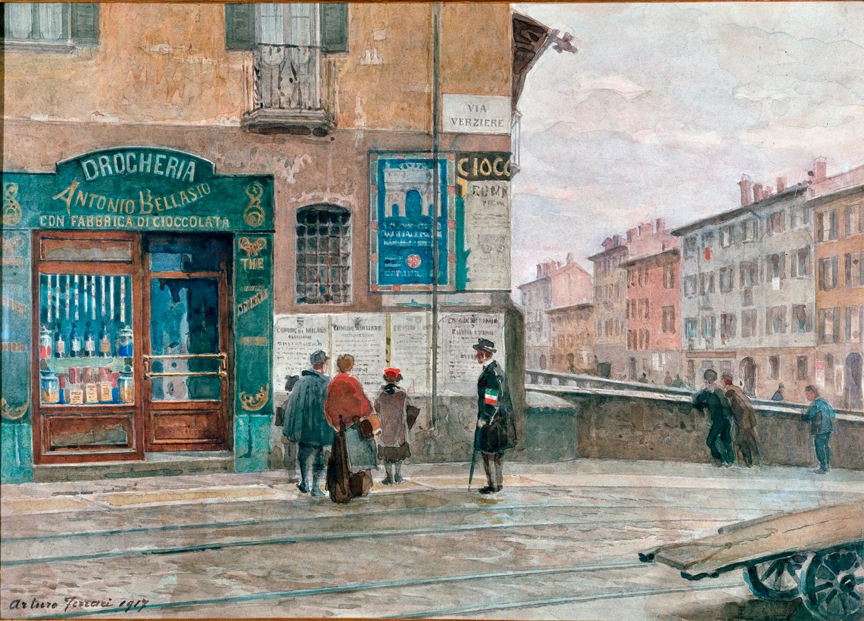 Mediolan, widok z mostu Porta Vittoria (Verziere) Akwarela Arturo Ferrari (1861-1932) 1917 Mediolan, Muzeum Mediolanu autorstwa Arturo Ferrari