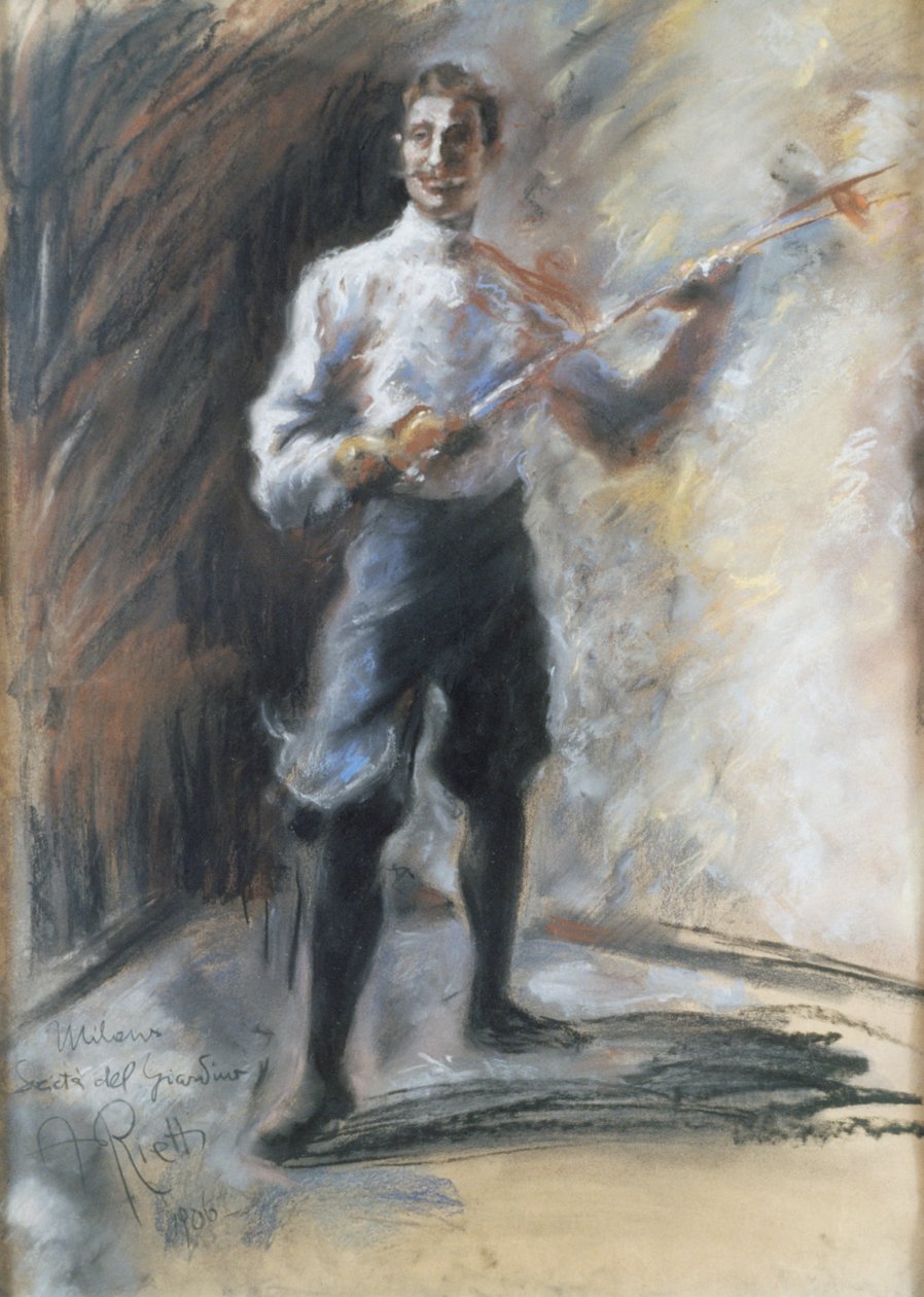 Mistrz szermierki Weisi, autorstwa Arturo Rietti (1863-1943), pastel na papierze, 72x53 cm. Włochy, XX wiek. autorstwa Arturo Rietti