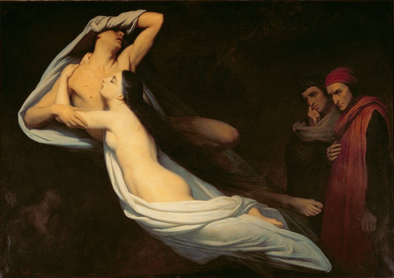 Postacie Franceski da Rimini i Paolo da Verrucchio ukazują się Dantemu i Wergiliuszowi, ilustracja do "Inferno" Dantego, canto V, 1855 r. autorstwa Ary Scheffer