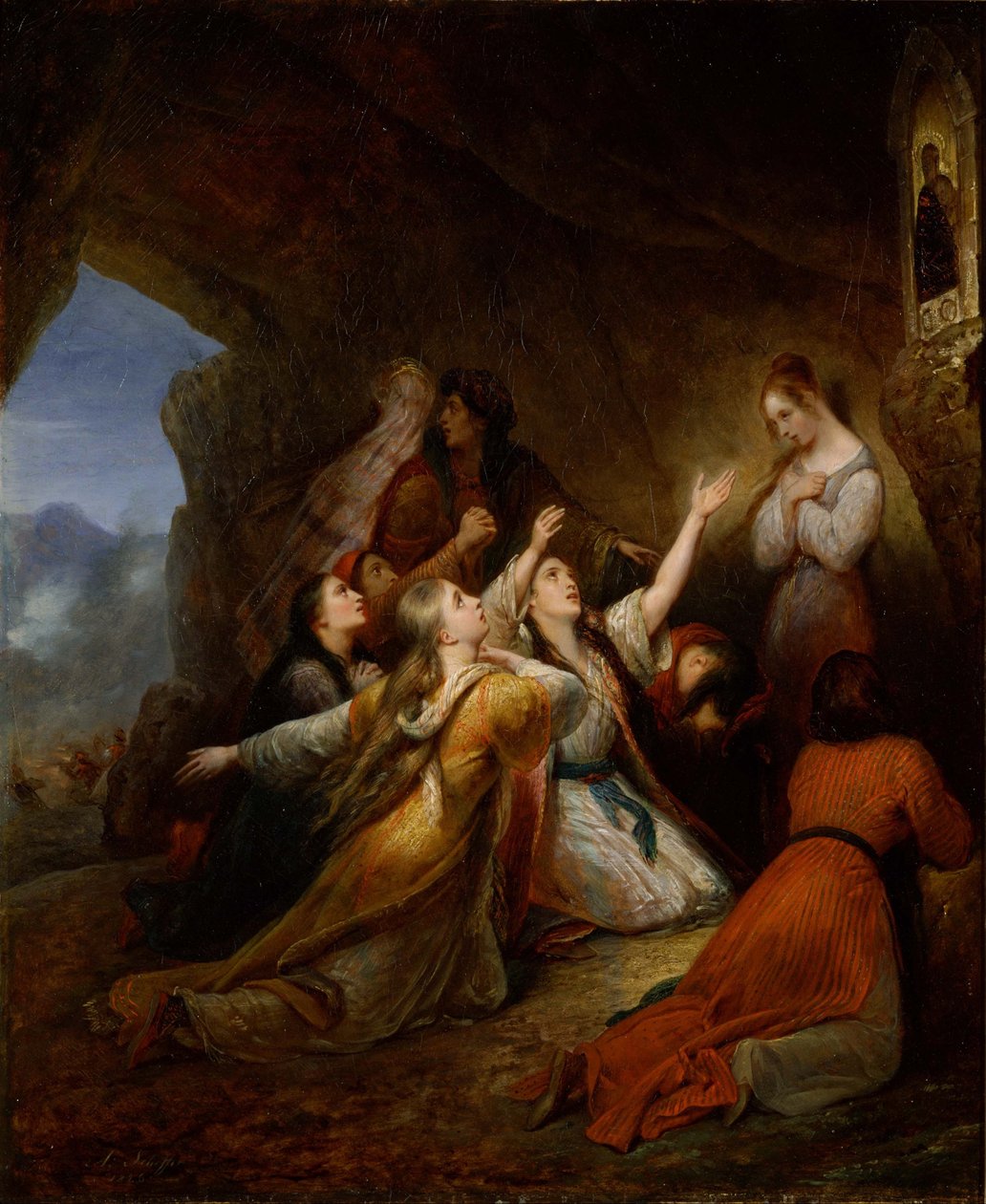 Greckie dziewczęta wzywające opieki Matki Boskiej w walce autorstwa Ary Scheffer