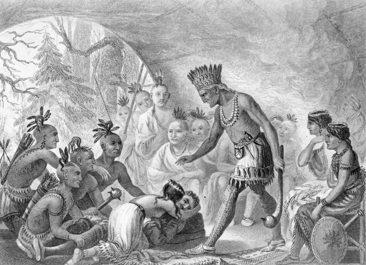 Kapitan Smith uratowany przez Pocahontas, 1607, ryty przez D.G. Thompsona, XIX w. autorstwa Asa Coolidge Warren