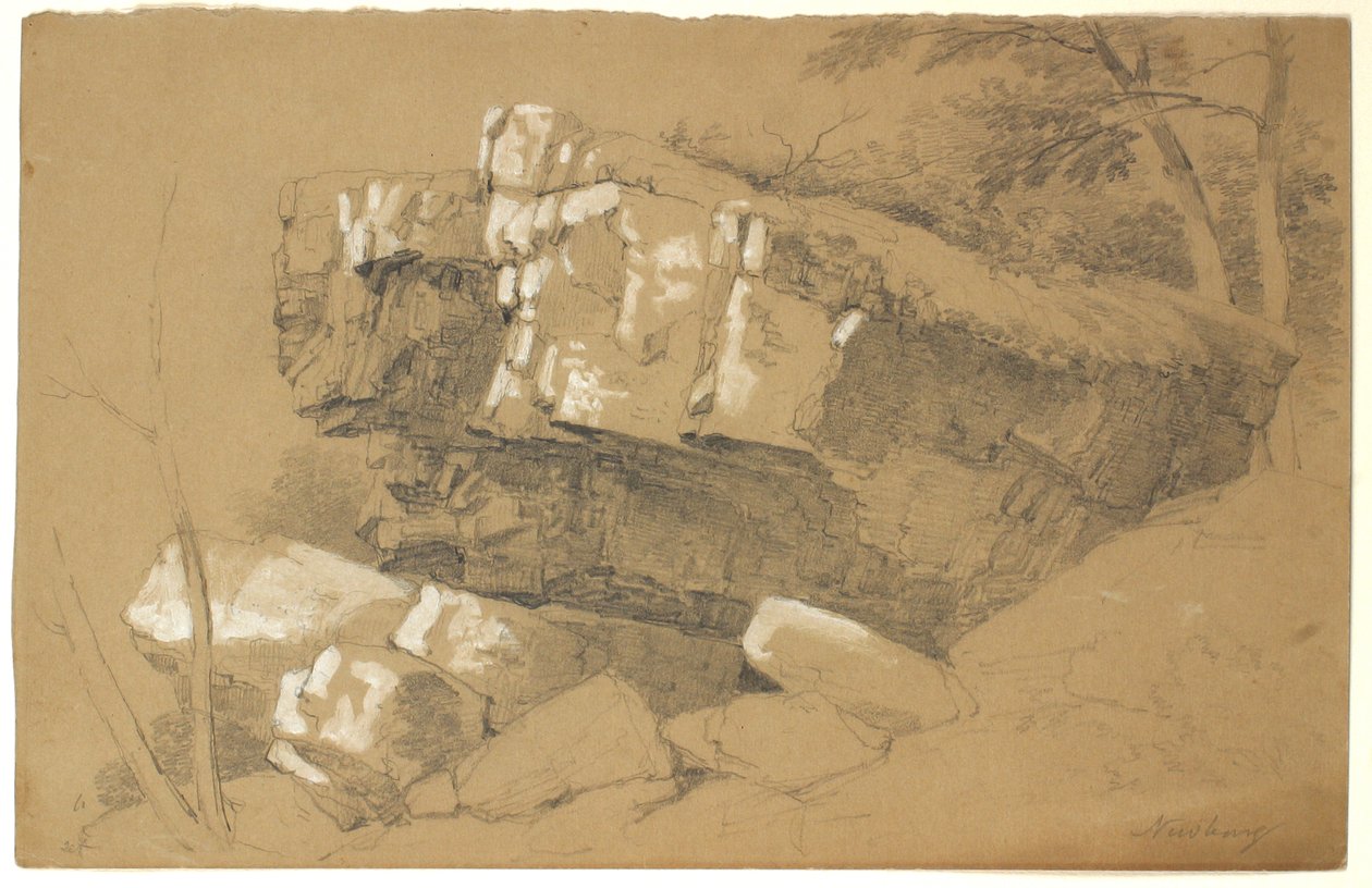 Study of Rocks, Newburgh, New York, 1849 (grafit i biały gwasz na brązowym papierze) autorstwa Asher Brown Durand