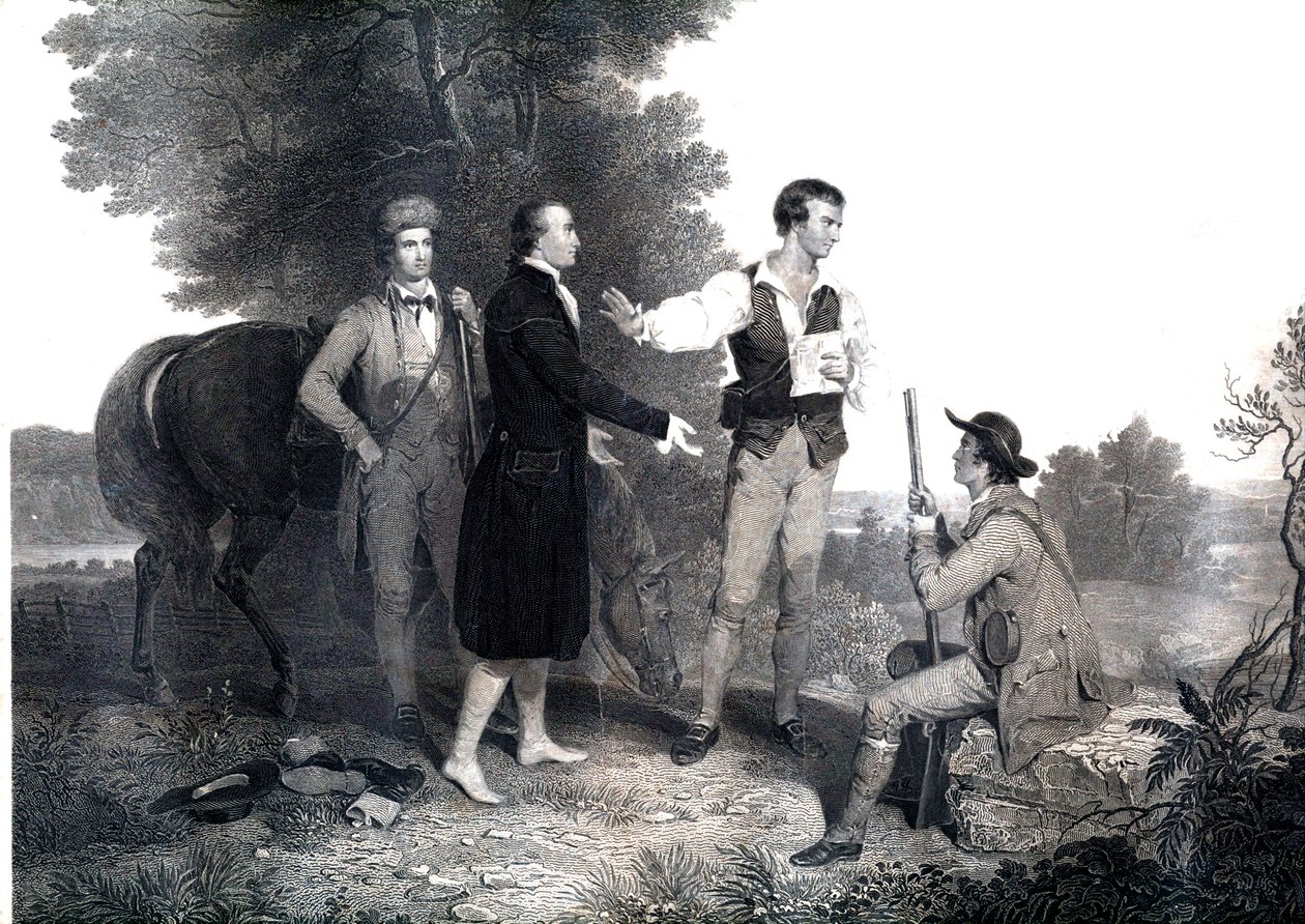 Schwytanie brytyjskiego szpiega brytyjskiego majora Johna Andre (rycina) autorstwa Asher Brown (after) Durand