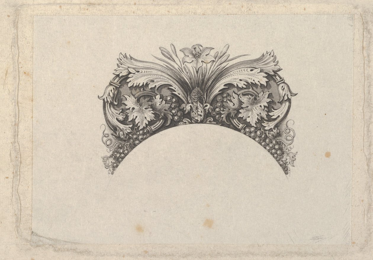 Łukowaty element oprawy banknotu z liśćmi akantu i winorośli, lilią i winogronami..., ca. 1824-37. autorstwa Asher Brown Durand.