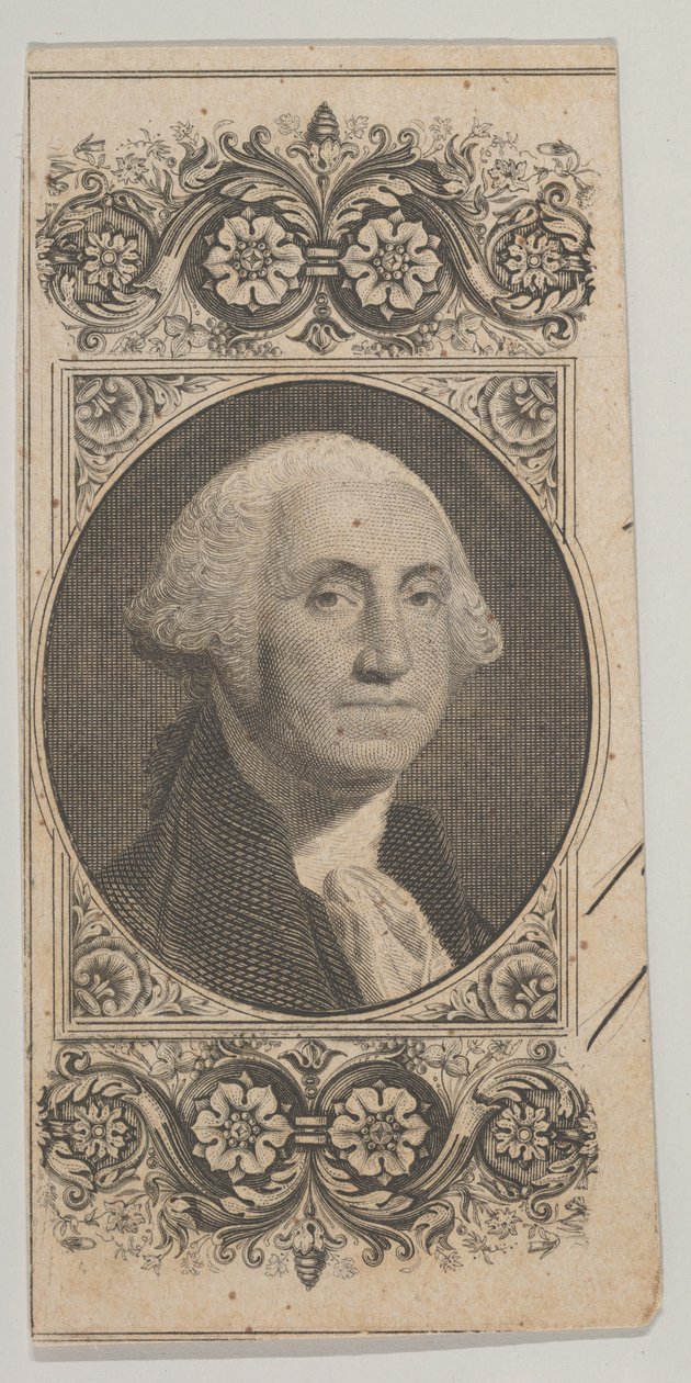 Motyw banknotu: Portret Jerzego Waszyngtona w ozdobnym panelu, ca. 1824-37. autorstwa Asher Brown Durand.