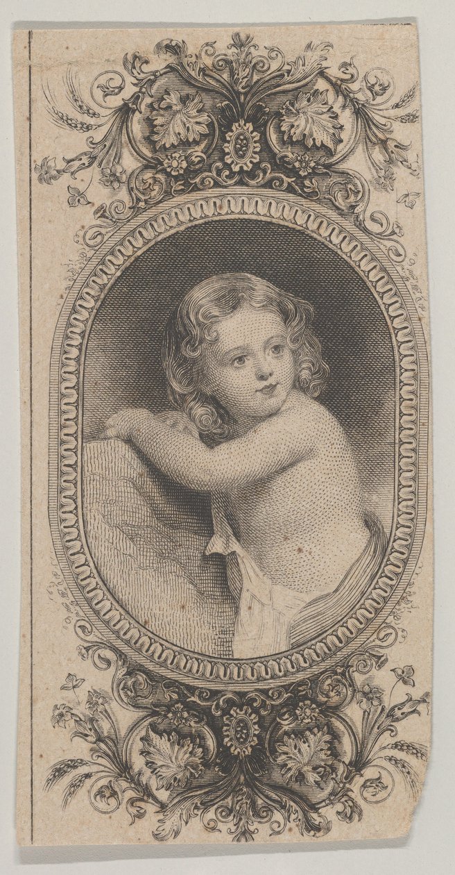 Motyw banknotu: portret dziecka i dwa wzorzyste owale otoczone kwiecistym k..., ca. 1824-37. autorstwa Asher Brown Durand.