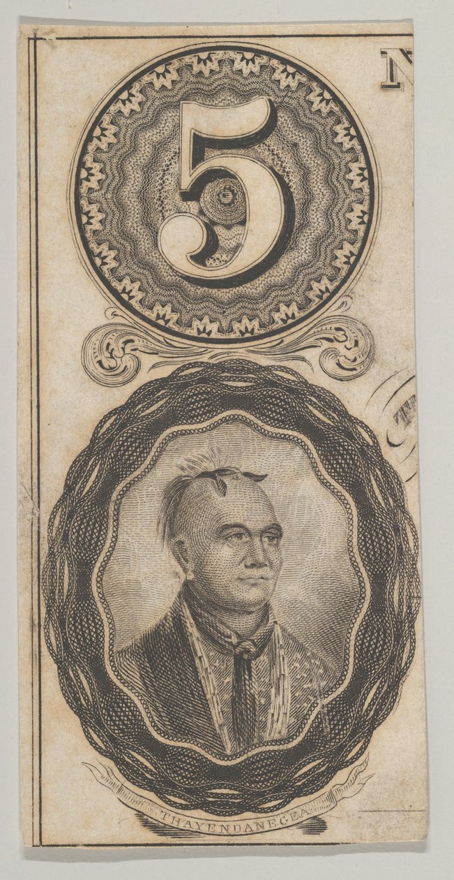 Motywy banknotów: cyfra 5 i portret Thayendanegei, ca. 1824-37. autorstwa Asher Brown Durand.