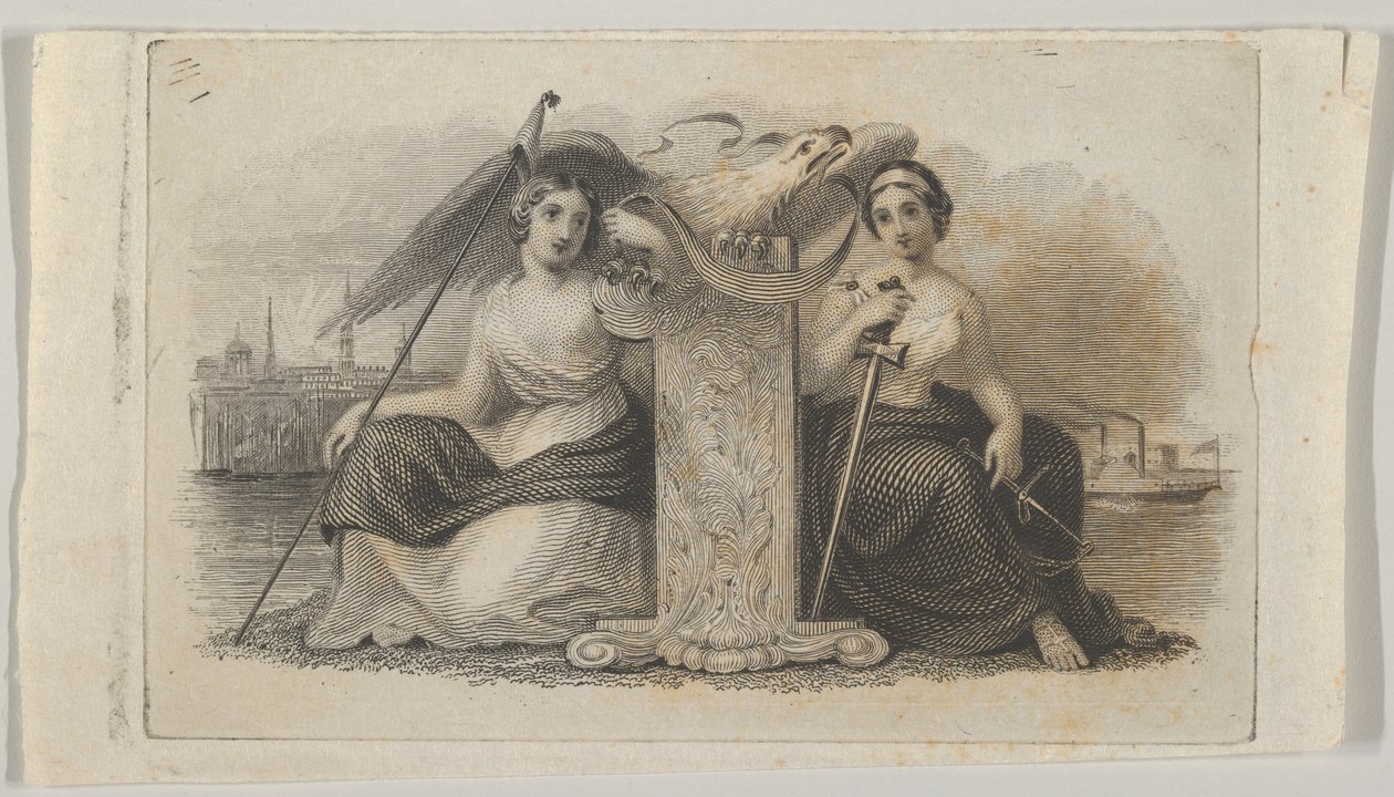 Winieta banknotu z postaciami kobiecymi reprezentującymi Wolność i Sprawiedliwość, ca. 1824-37. autorstwa Asher Brown Durand.