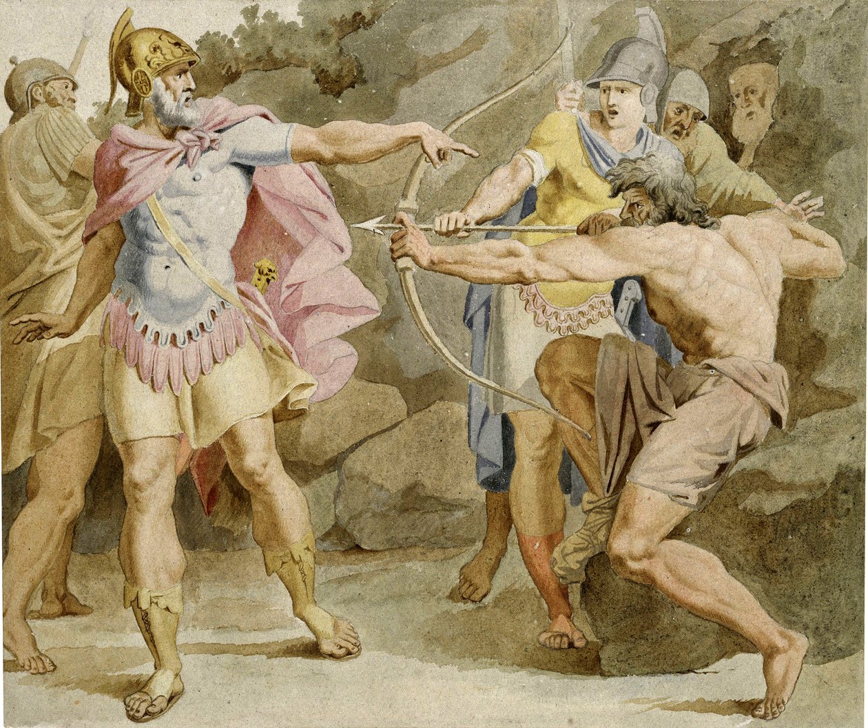Filoktet celuje w Ulissesa z łukiem Herkulesa - Praca Asmus Jacob Carstens (1754-1798), Atrament i akwarela na papierze (49,5x58,5 cm) autorstwa Asmus Jacob Carstens
