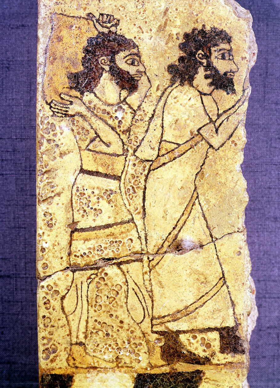 Fragment tablicy przedstawiającej idących dwóch mężczyzn z Niniwy (kamień malowany) autorstwa Assyrian
