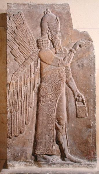 Płaskorzeźba przedstawiająca skrzydlatego dżina z pałacu Sargona II w Chorsabadzie w Iraku autorstwa Assyrian