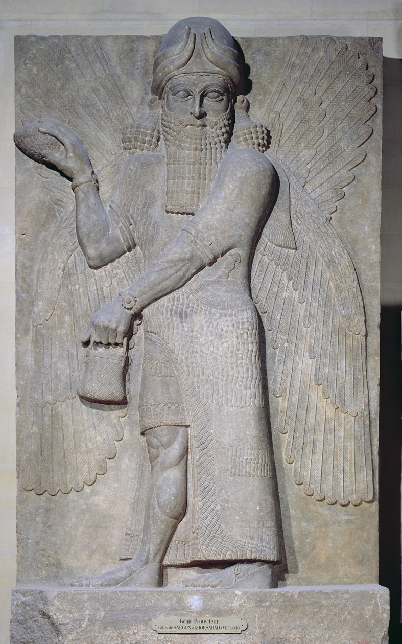Płaskorzeźba przedstawiająca skrzydlatego dżina z pałacu Sargona II w Chorsabadzie w Iraku autorstwa Assyrian