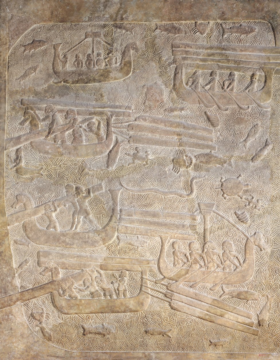 Relief przedstawiający rozładunek drewna po transporcie morskim, z Pałacu Sargona II, Chorsabad, Irak autorstwa Assyrian