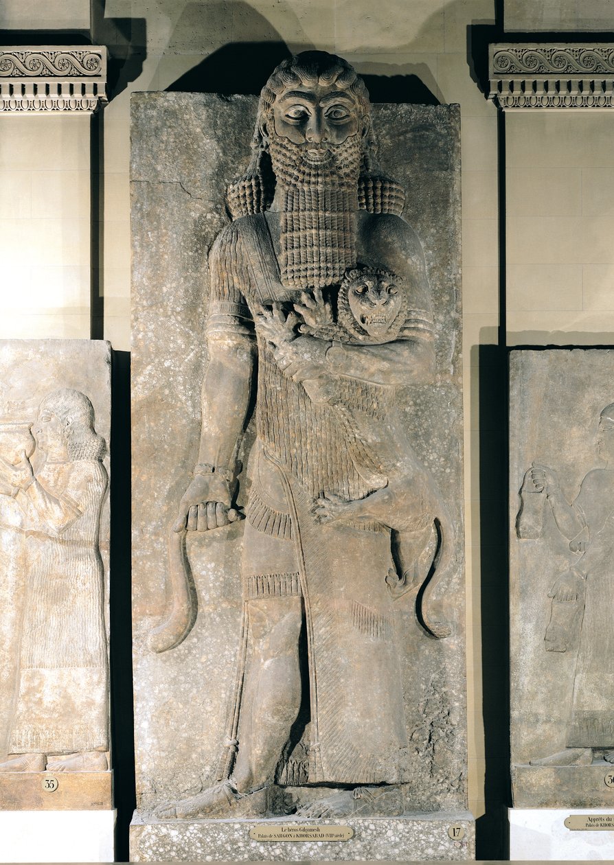 Bohater Gilgamesz trzymający schwytanego przez siebie lwa, kamienna płaskorzeźba z Pałacu Sargona II w Chorsabadzie (Irak), ok. 725 pne (gips) autorstwa Assyrian School