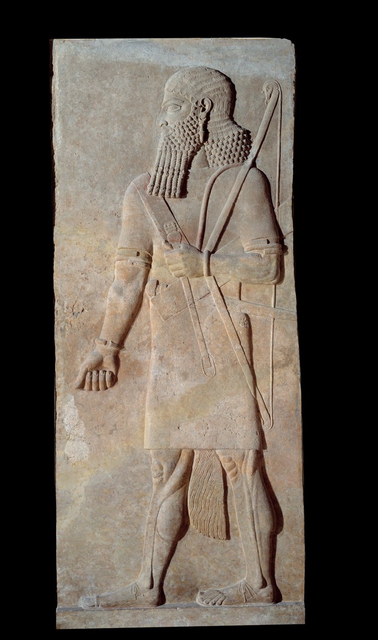 Sztuka Mezopotamii (Asyria): Wojownik w broni z dworu pałacu króla Asyrii Sargona II (721 - 705 pne). Paryż, Musee du Louvre autorstwa Assyrian