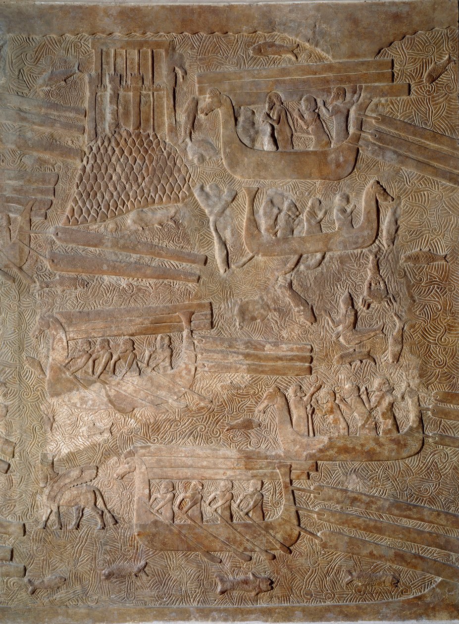 Art Mezopotamia (Asyria): dziedziniec pałacu króla Asyrii Sargona II (721 - 705 pne) transport drewna cedrowego z Libanu. Paryż, Musee du Louvre autorstwa Assyrian